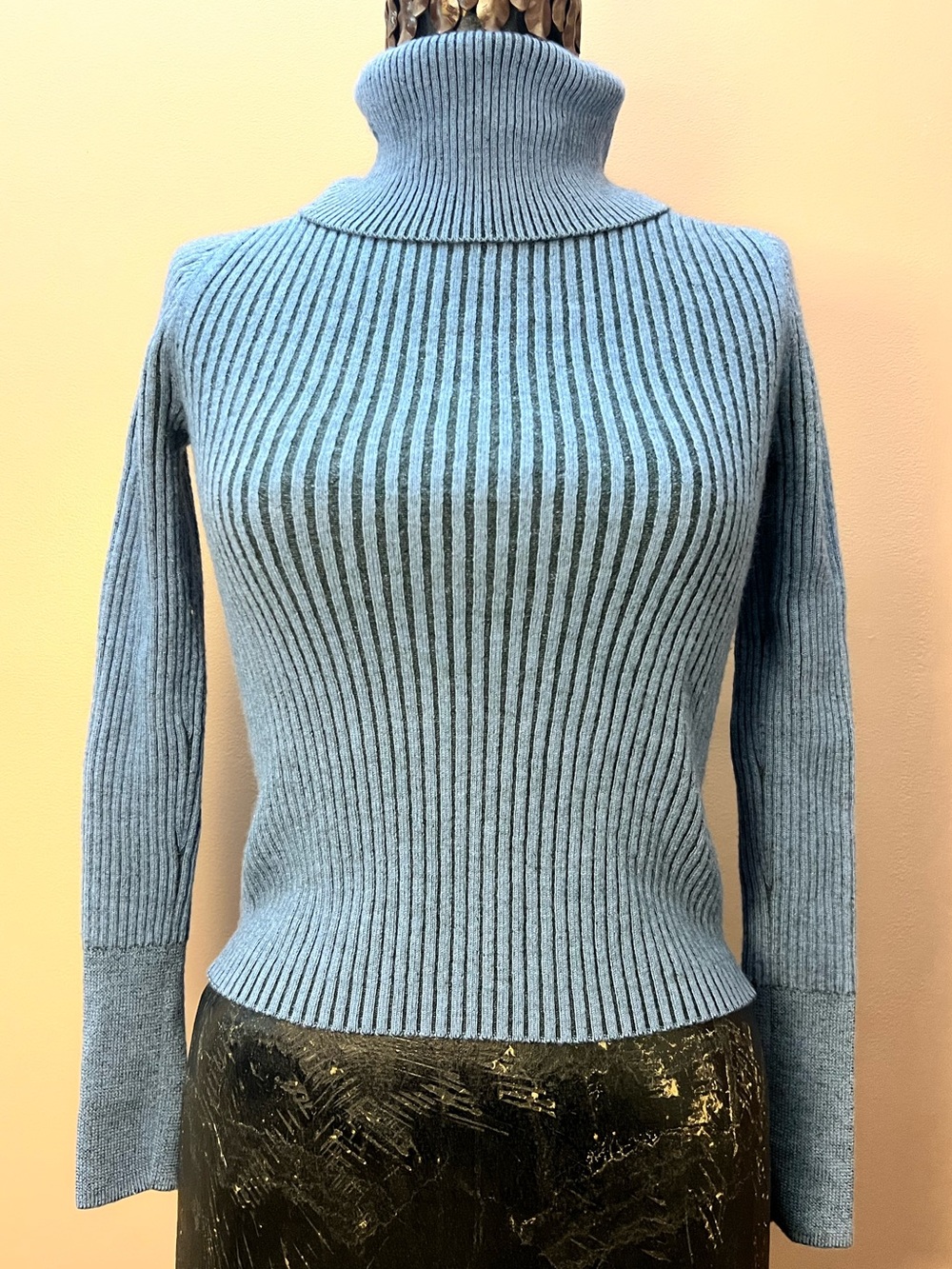 Kate Spade Blue Contrast Rib Turtleneck 100% Merino Wool Size Small 1 Hole